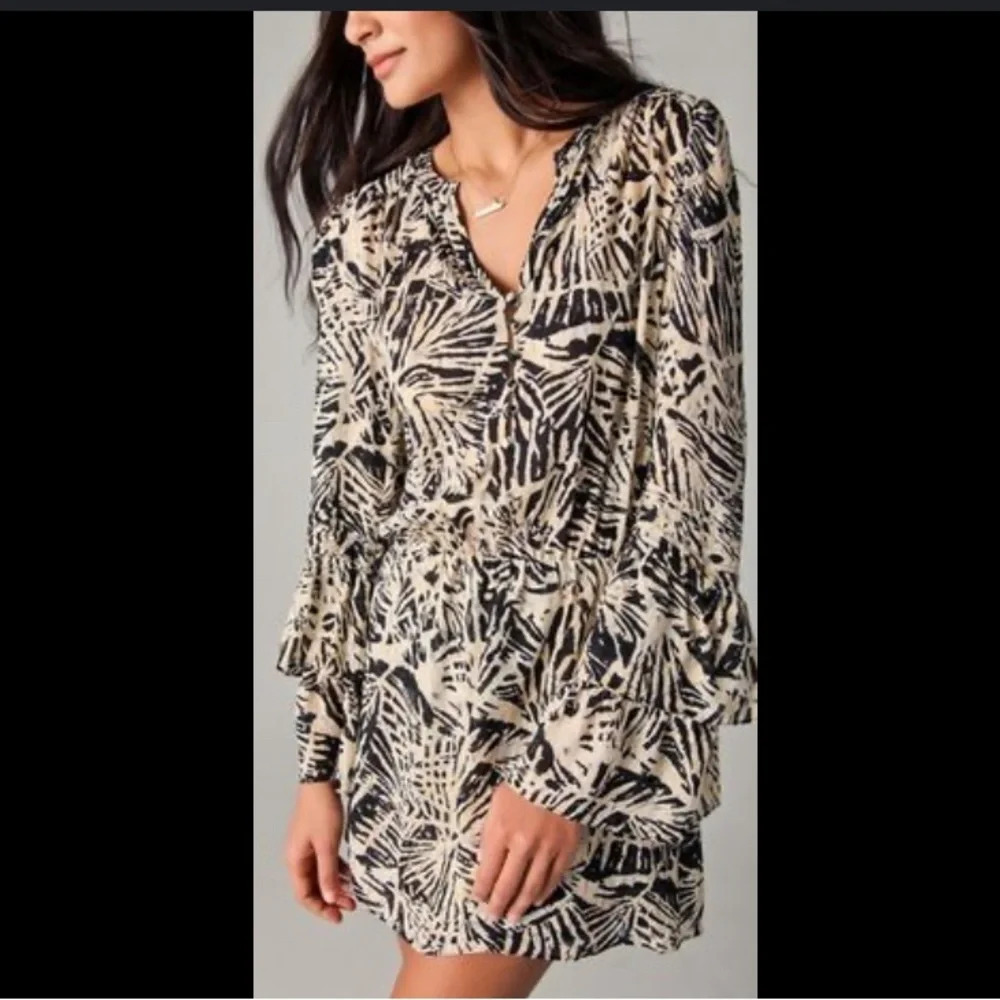Parker Black Cream 100% Silk Flare Sleeve Tiered Mini Dress‎ XS